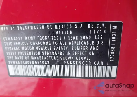 2015 Volkswagen Golf Tdi S 4-Door из США, поврежденный, VIN 3VWRA7AU0FM051032